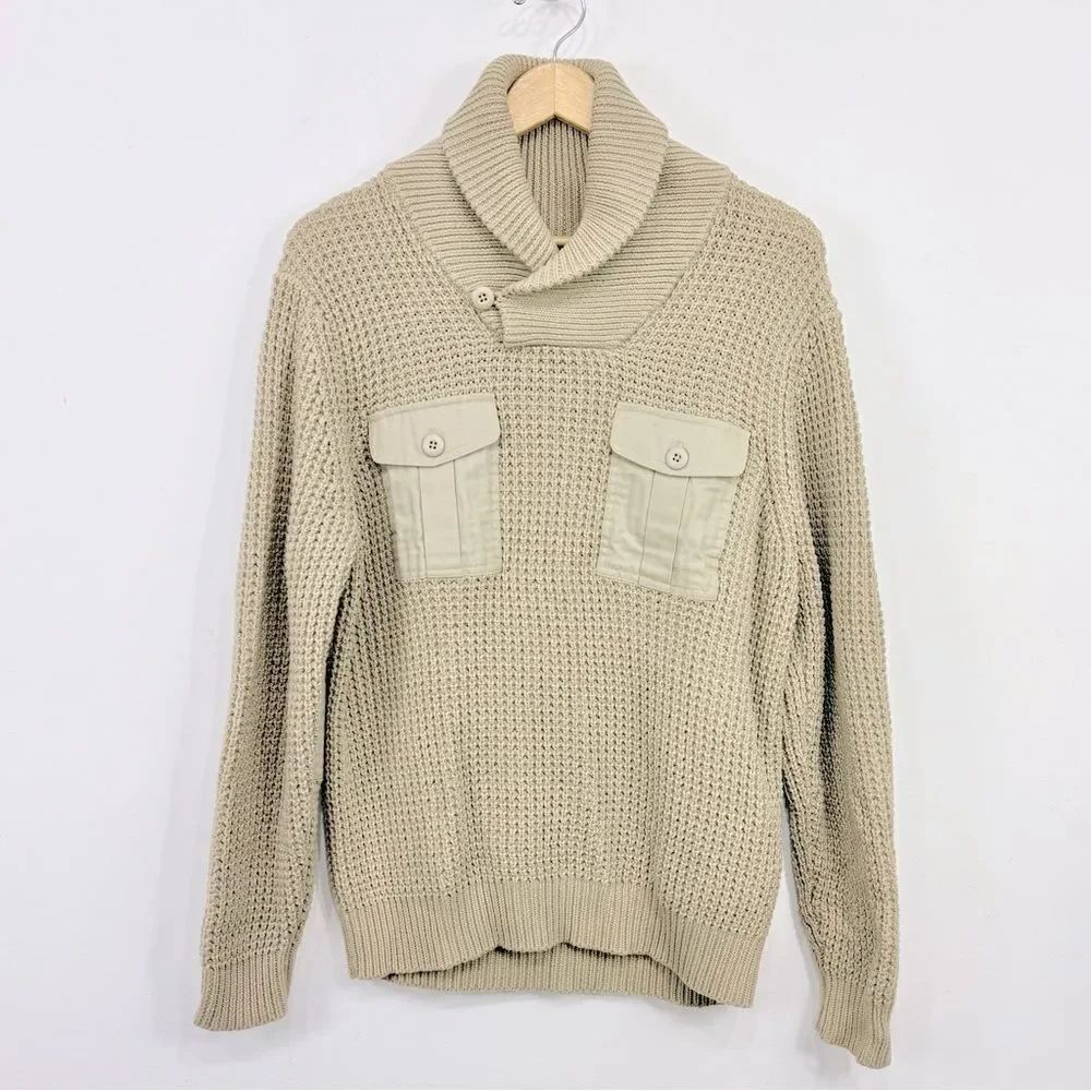 Dockers Tan Waffle Knit Shawl Collar Patch Elbow Military Fisherman Sweater